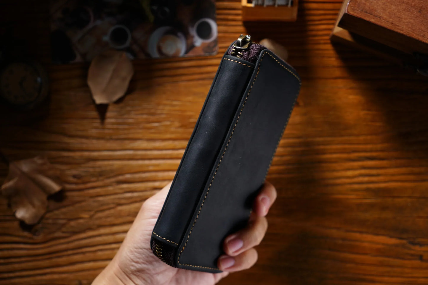 Genuine Leather Fountain Pen Case With 3 Divided Slots, Handmade Zippered Stationery Pouch Pen Holder Bag for Office School