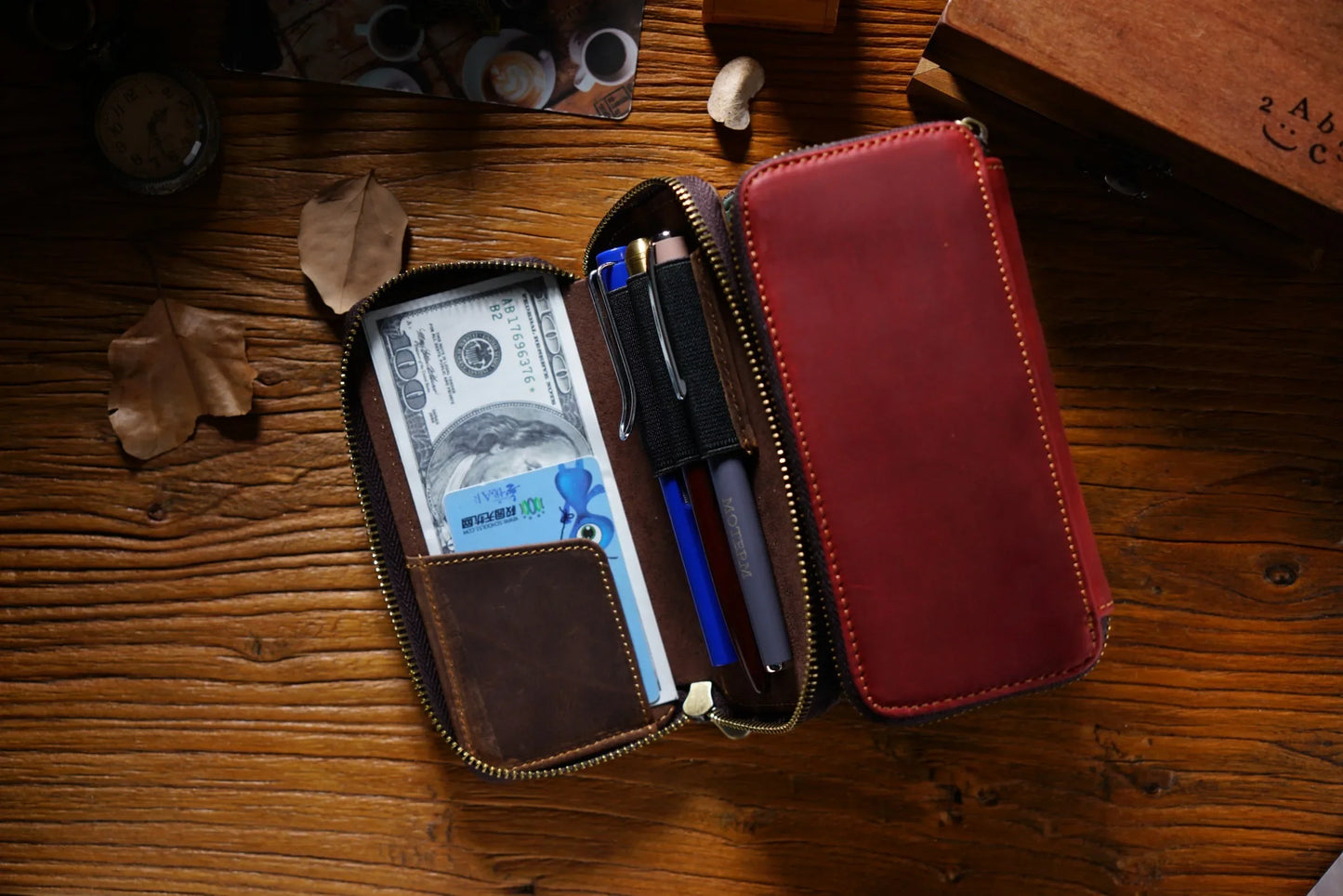 Genuine Leather Fountain Pen Case With 3 Divided Slots, Handmade Zippered Stationery Pouch Pen Holder Bag for Office School