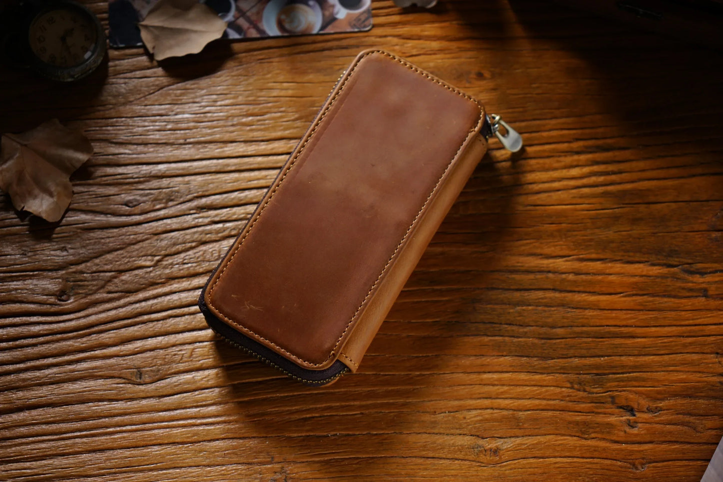 Genuine Leather Fountain Pen Case With 3 Divided Slots, Handmade Zippered Stationery Pouch Pen Holder Bag for Office School
