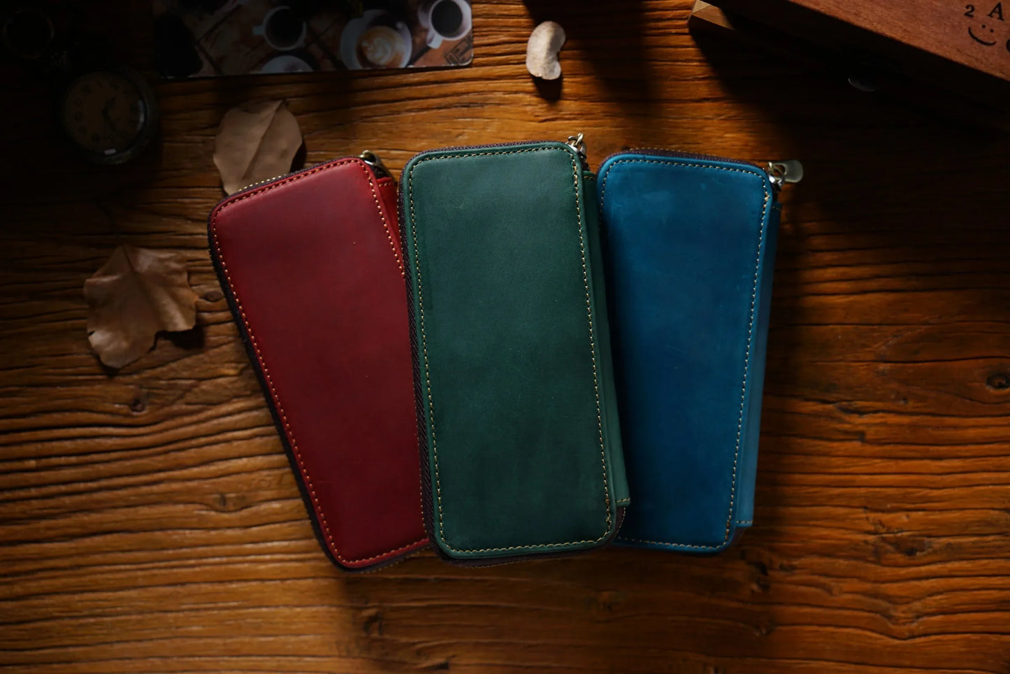 Genuine Leather Fountain Pen Case With 3 Divided Slots, Handmade Zippered Stationery Pouch Pen Holder Bag for Office School