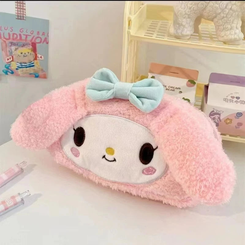 Sanrio Melody Cinnamoroll Fashionable Latest Pink Plush High Aesthetic Girl's Heart-shaped Pencil Case With Large Capacity