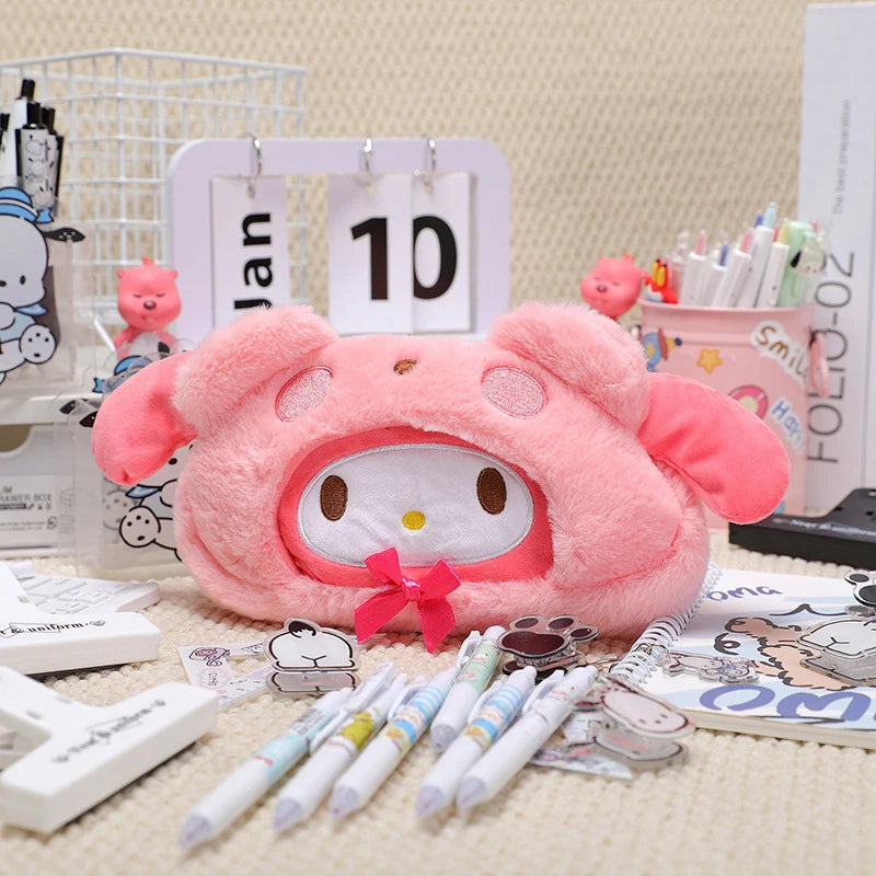 Kawaii Hello Kitty Plush Pencil Case Cartoon Makeup Bag Large Capacity Stationery Cosmetics Pencil Pouch Storage Bag Gift