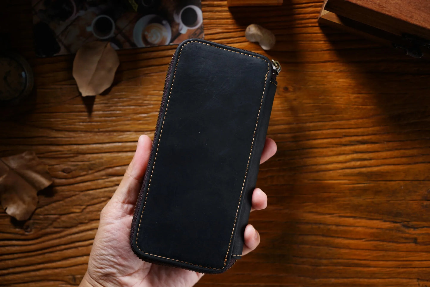Genuine Leather Fountain Pen Case With 3 Divided Slots, Handmade Zippered Stationery Pouch Pen Holder Bag for Office School