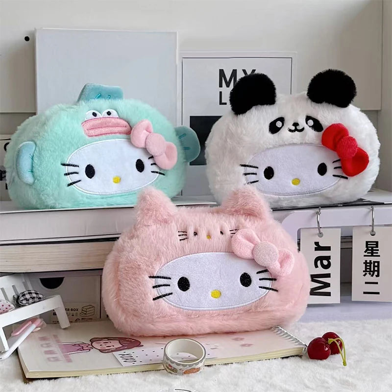 Kawaii Hello Kitty Plush Pencil Case Cartoon Makeup Bag Large Capacity Stationery Cosmetics Pencil Pouch Storage Bag Gift