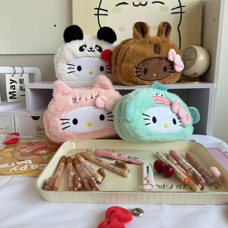 Kawaii Hello Kitty Plush Pencil Case Cartoon Makeup Bag Large Capacity Stationery Cosmetics Pencil Pouch Storage Bag Gift