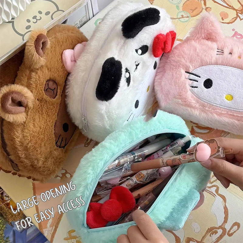 Kawaii Hello Kitty Plush Pencil Case Cartoon Makeup Bag Large Capacity Stationery Cosmetics Pencil Pouch Storage Bag Gift