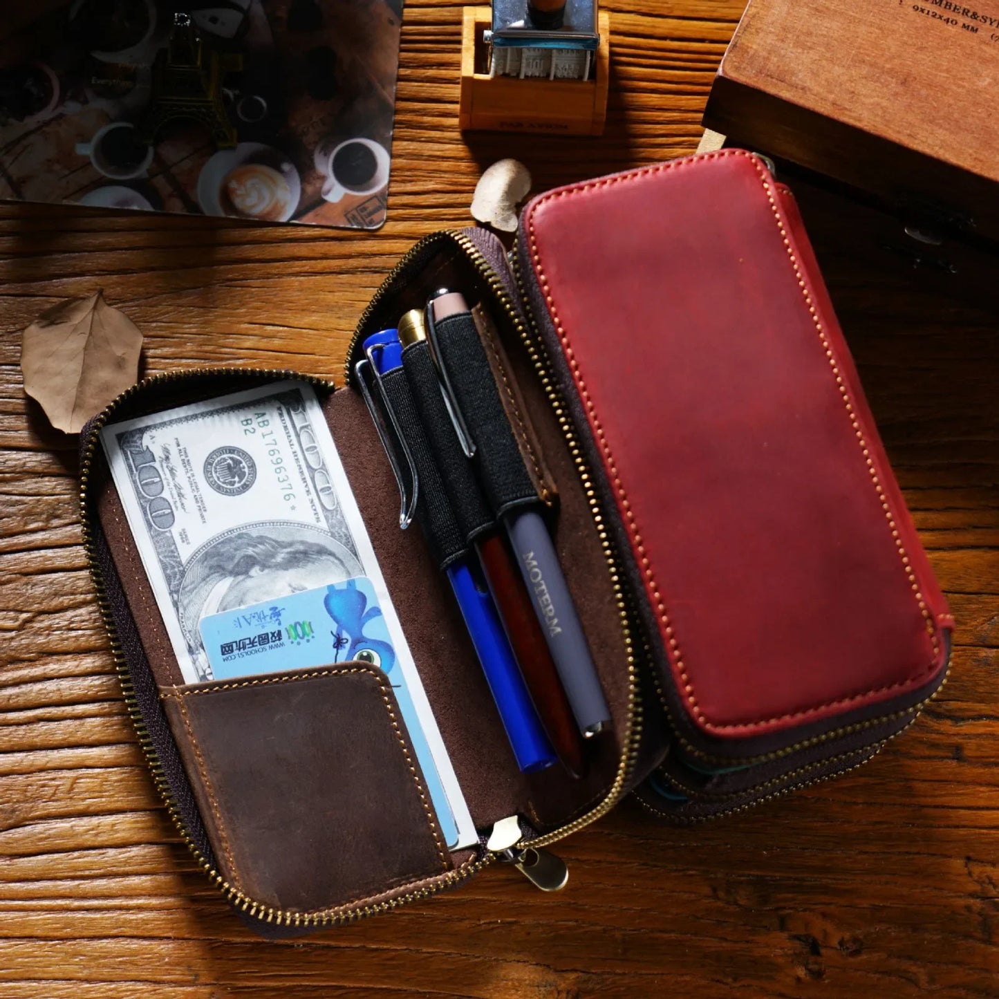 Genuine Leather Fountain Pen Case With 3 Divided Slots, Handmade Zippered Stationery Pouch Pen Holder Bag for Office School