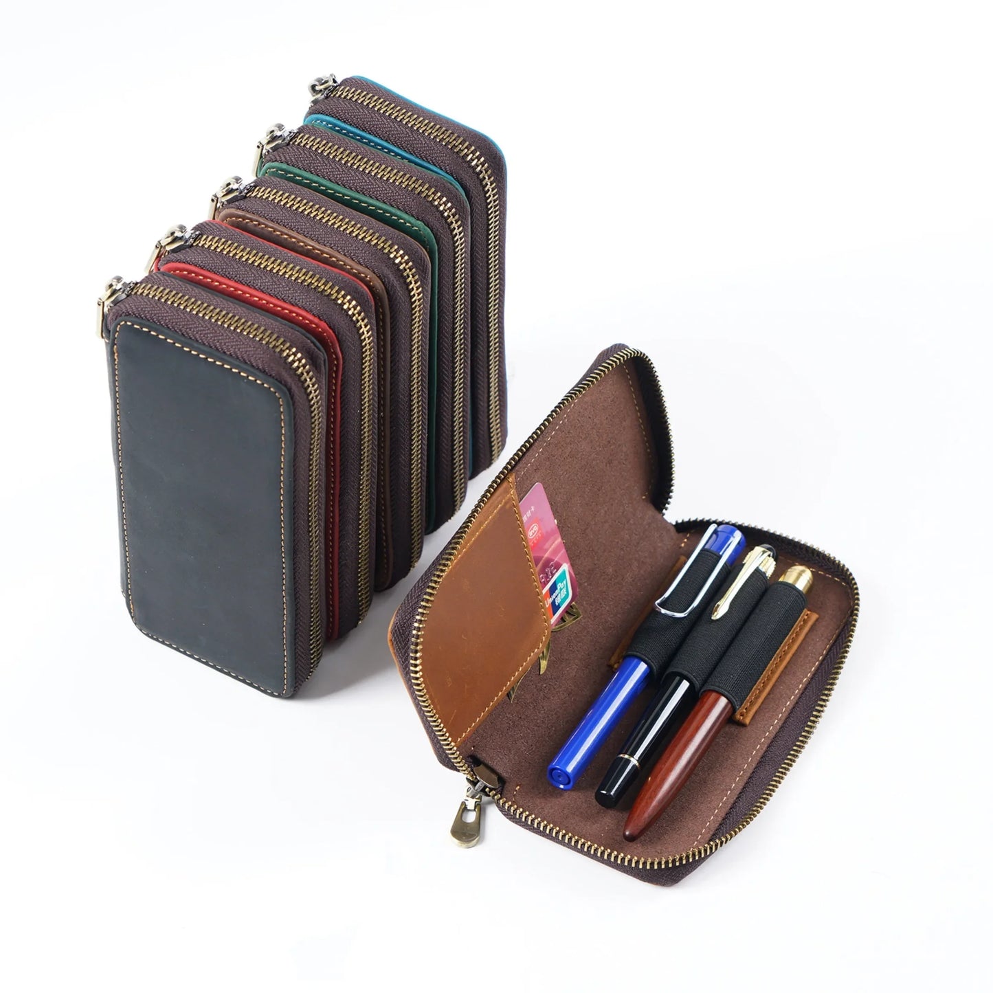 Genuine Leather Fountain Pen Case With 3 Divided Slots, Handmade Zippered Stationery Pouch Pen Holder Bag for Office School