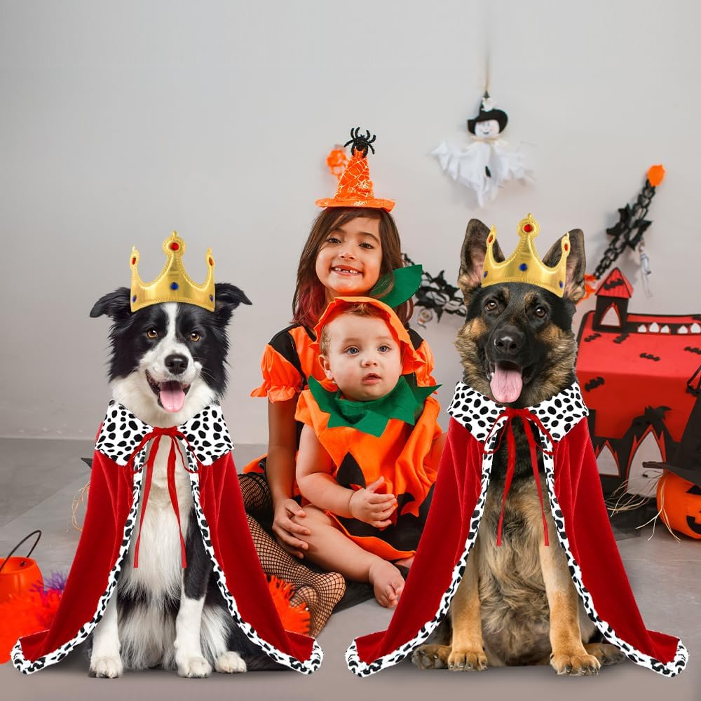 Costume Roi Halloween Chien Chat - Cape et Couronne à Pois Rouge et Noir