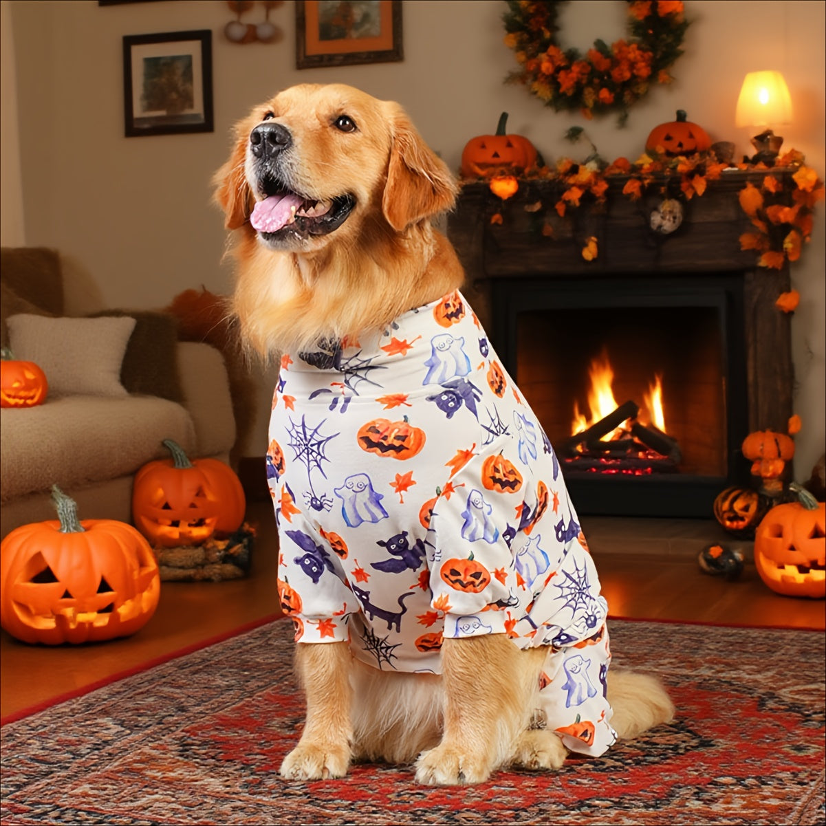 Pyjama Halloween Chien PUPBIU - Vêtement Doux Motifs Citrouille et Chauve-Souris
