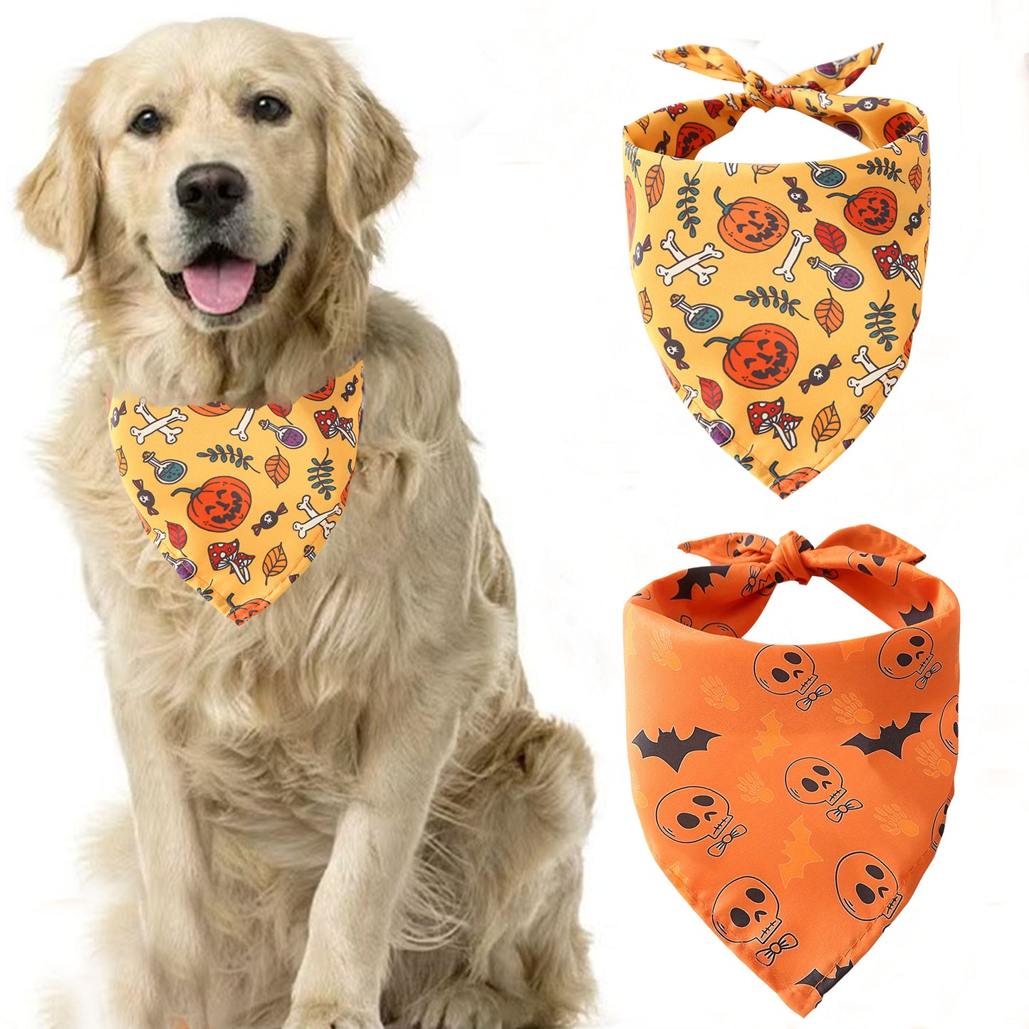 Pack 2 Bandanas Halloween Chien - Citrouille et Chauve-Souris Lavables