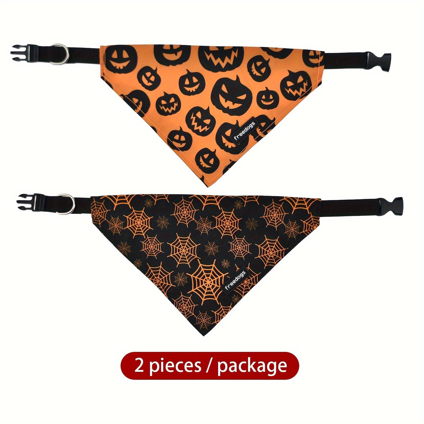 Pack 2 Bandanas Halloween Chien avec Collier - Citrouille et Toile d'Araignée