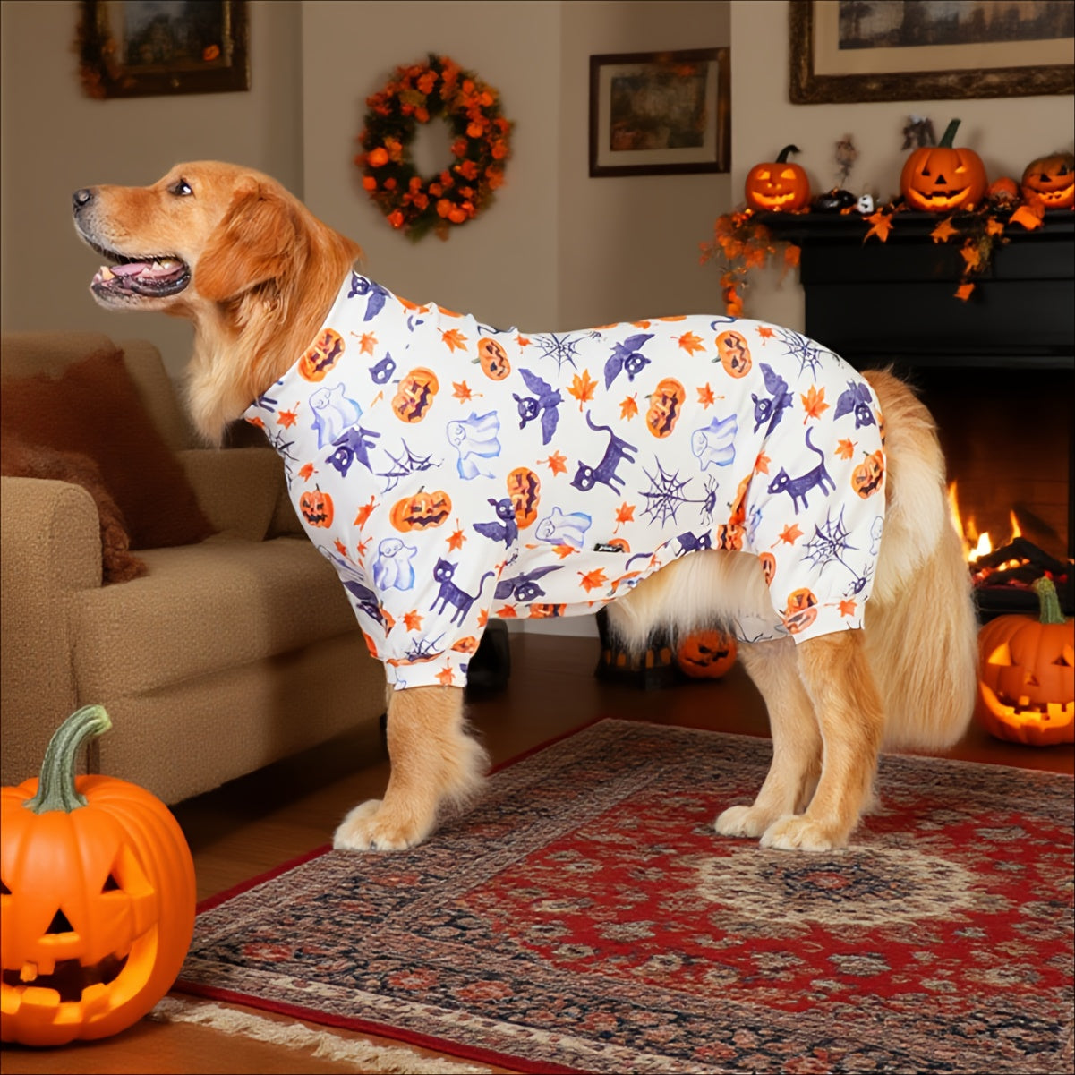 Pyjama Halloween Chien PUPBIU - Vêtement Doux Motifs Citrouille et Chauve-Souris