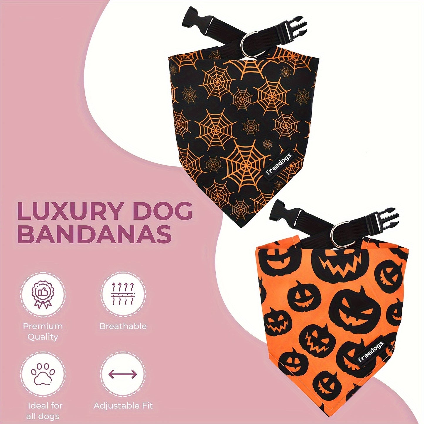 Pack 2 Bandanas Halloween Chien avec Collier - Citrouille et Toile d'Araignée