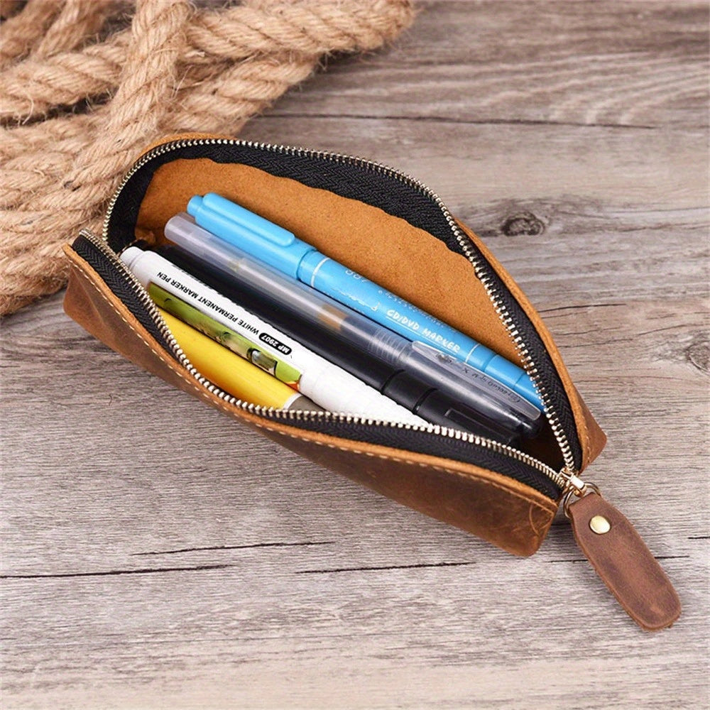 Vintage Leather Pencil Bag Simple Stationery Hoder Pen Case Storage Bag Zipper Pencil Pouch Glasses Box School Supplies