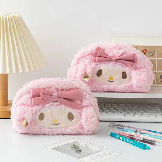 Sanrio Melody Cinnamoroll Fashionable Latest Pink Plush High Aesthetic Girl's Heart-shaped Pencil Case With Large Capacity