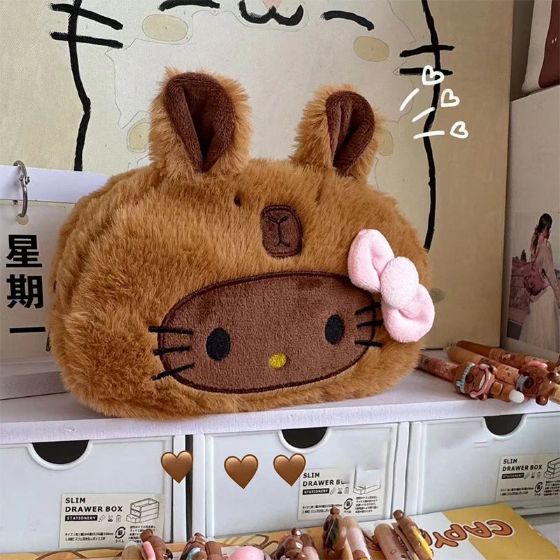 Kawaii Hello Kitty Plush Pencil Case Cartoon Makeup Bag Large Capacity Stationery Cosmetics Pencil Pouch Storage Bag Gift