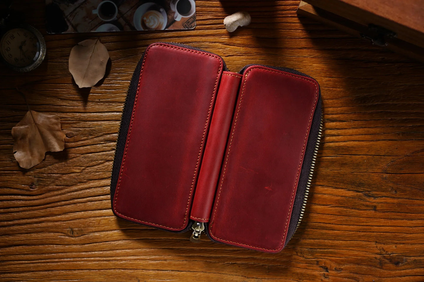 Genuine Leather Fountain Pen Case With 3 Divided Slots, Handmade Zippered Stationery Pouch Pen Holder Bag for Office School