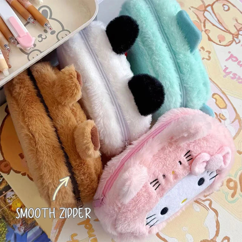 Kawaii Hello Kitty Plush Pencil Case Cartoon Makeup Bag Large Capacity Stationery Cosmetics Pencil Pouch Storage Bag Gift