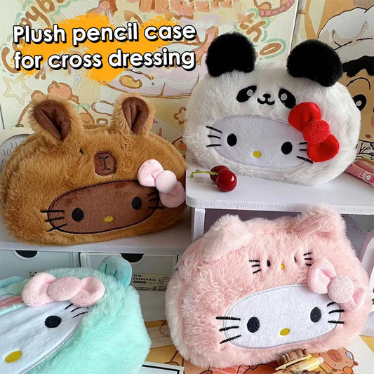 Kawaii Hello Kitty Plush Pencil Case Cartoon Makeup Bag Large Capacity Stationery Cosmetics Pencil Pouch Storage Bag Gift
