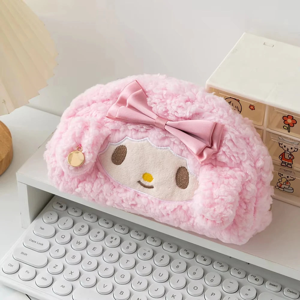 Sanrio Melody Cinnamoroll Fashionable Latest Pink Plush High Aesthetic Girl's Heart-shaped Pencil Case With Large Capacity
