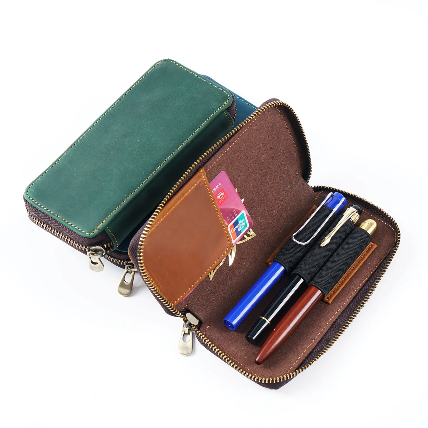 Genuine Leather Fountain Pen Case With 3 Divided Slots, Handmade Zippered Stationery Pouch Pen Holder Bag for Office School