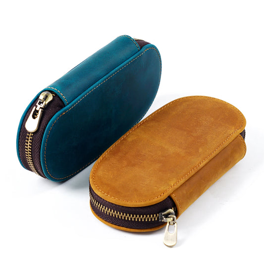New Vintage Crazy Horse Leather Pen Case 3-Pack, Oval Zippered Portable Pencil Pouch for Fountain Pens