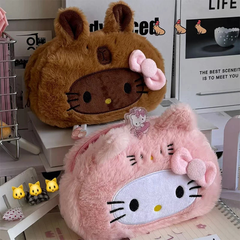 Kawaii Hello Kitty Plush Pencil Case Cartoon Makeup Bag Large Capacity Stationery Cosmetics Pencil Pouch Storage Bag Gift