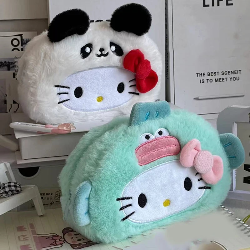 Kawaii Hello Kitty Plush Pencil Case Cartoon Makeup Bag Large Capacity Stationery Cosmetics Pencil Pouch Storage Bag Gift