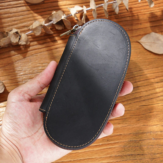 New Vintage Crazy Horse Leather Pen Case 3-Pack, Oval Zippered Portable Pencil Pouch for Fountain Pens
