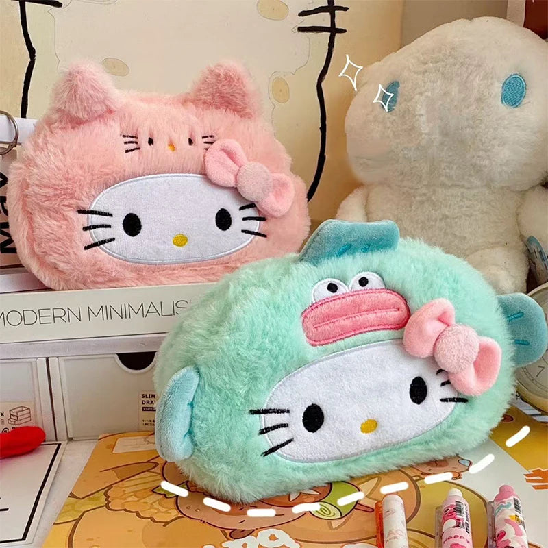 Kawaii Hello Kitty Plush Pencil Case Cartoon Makeup Bag Large Capacity Stationery Cosmetics Pencil Pouch Storage Bag Gift