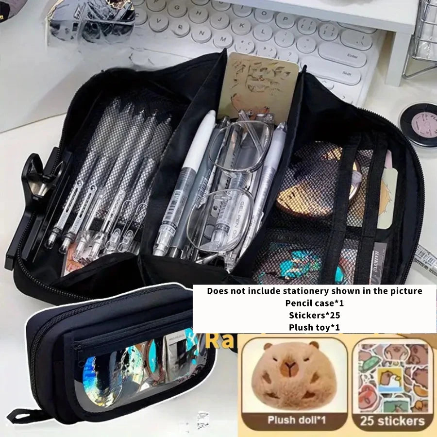 27pcs Large Capacity Volcano Flip Pencil Case Set - Includes Adorable Notepad and Stickers, Multi-Compartment Student Pouch
