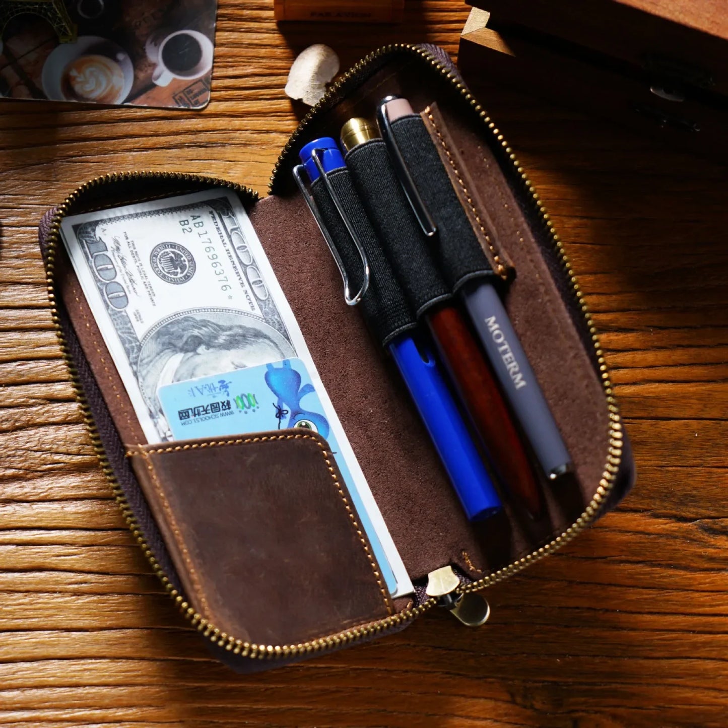Genuine Leather Fountain Pen Case With 3 Divided Slots, Handmade Zippered Stationery Pouch Pen Holder Bag for Office School