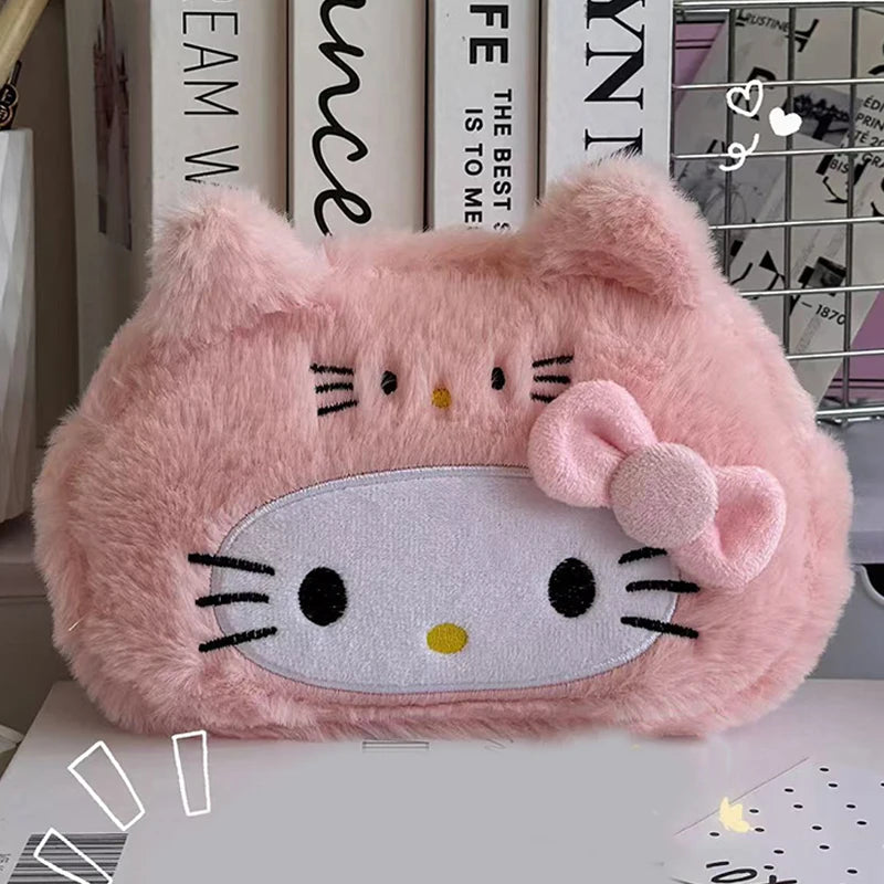 Kawaii Hello Kitty Plush Pencil Case Cartoon Makeup Bag Large Capacity Stationery Cosmetics Pencil Pouch Storage Bag Gift