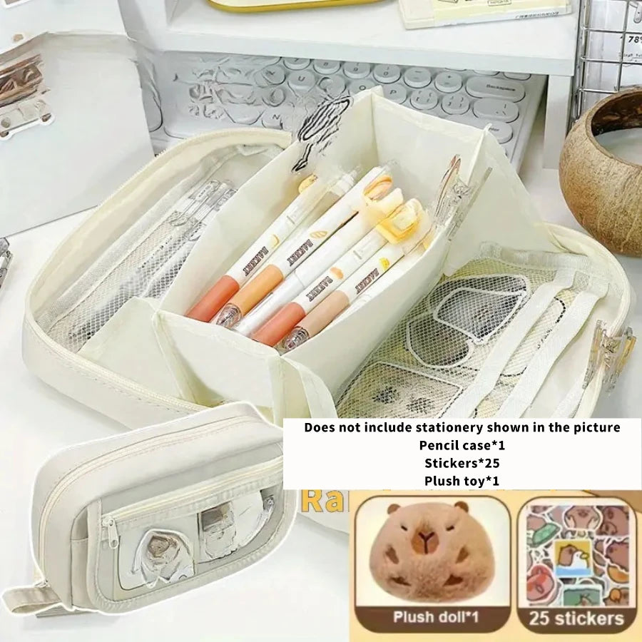 27pcs Large Capacity Volcano Flip Pencil Case Set - Includes Adorable Notepad and Stickers, Multi-Compartment Student Pouch