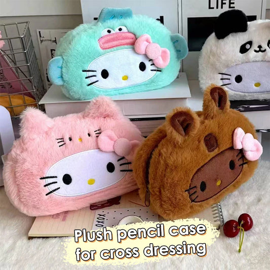 Kawaii Hello Kitty Plush Pencil Case Cartoon Makeup Bag Large Capacity Stationery Cosmetics Pencil Pouch Storage Bag Gift