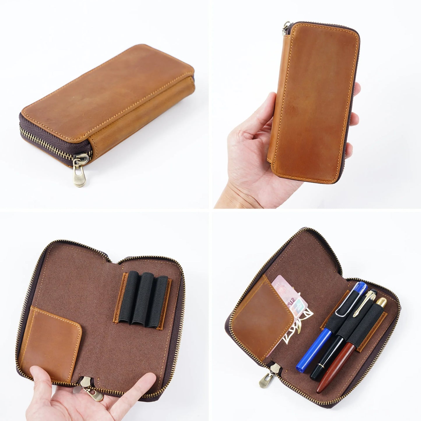 Genuine Leather Fountain Pen Case With 3 Divided Slots, Handmade Zippered Stationery Pouch Pen Holder Bag for Office School
