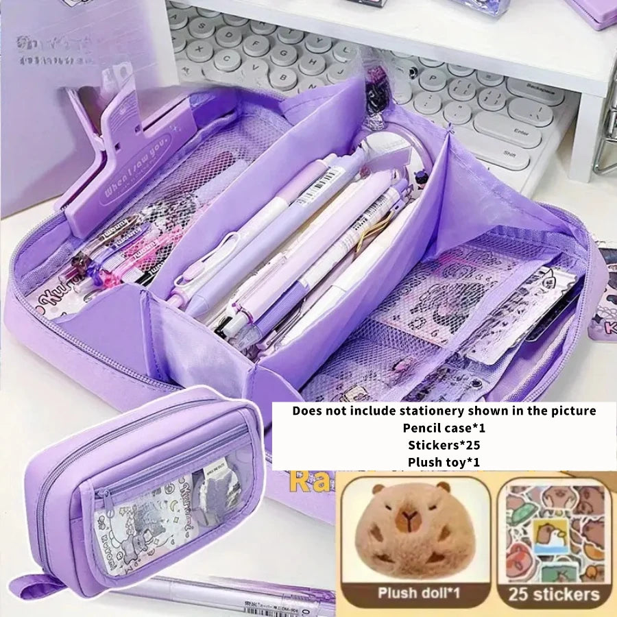 27pcs Large Capacity Volcano Flip Pencil Case Set - Includes Adorable Notepad and Stickers, Multi-Compartment Student Pouch