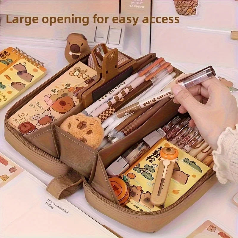 27pcs Large Capacity Volcano Flip Pencil Case Set - Includes Adorable Notepad and Stickers, Multi-Compartment Student Pouch