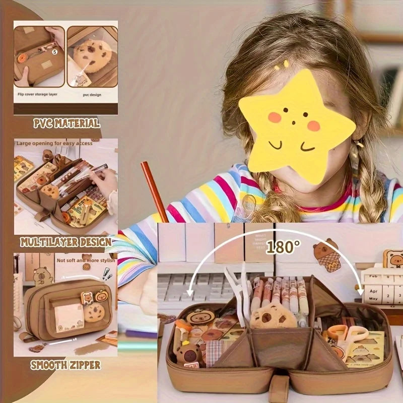 27pcs Large Capacity Volcano Flip Pencil Case Set - Includes Adorable Notepad and Stickers, Multi-Compartment Student Pouch