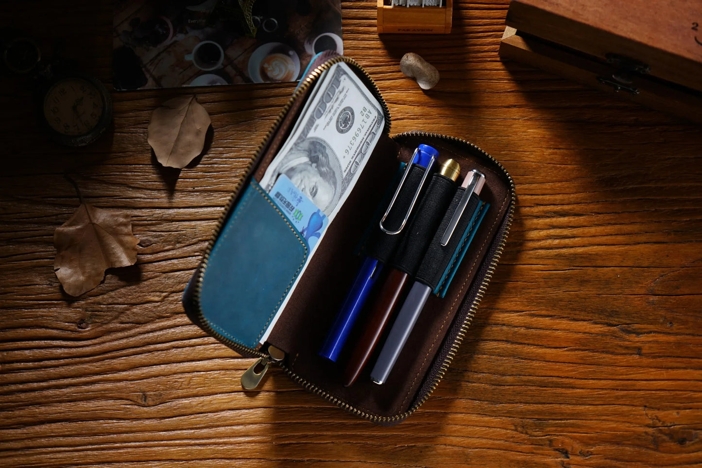 Genuine Leather Fountain Pen Case With 3 Divided Slots, Handmade Zippered Stationery Pouch Pen Holder Bag for Office School