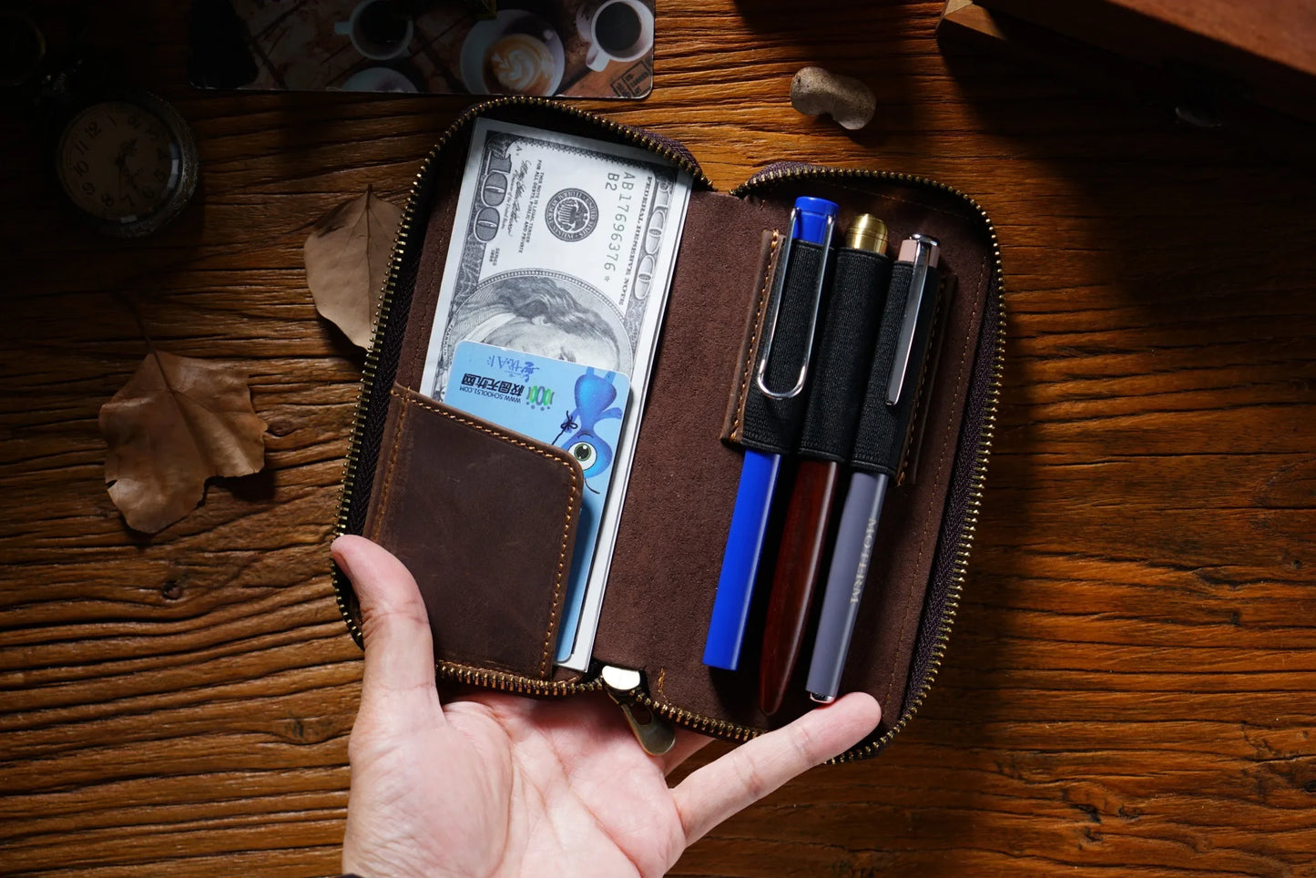 Genuine Leather Fountain Pen Case With 3 Divided Slots, Handmade Zippered Stationery Pouch Pen Holder Bag for Office School