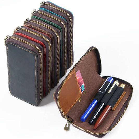 Genuine Leather Fountain Pen Case With 3 Divided Slots, Handmade Zippered Stationery Pouch Pen Holder Bag for Office School