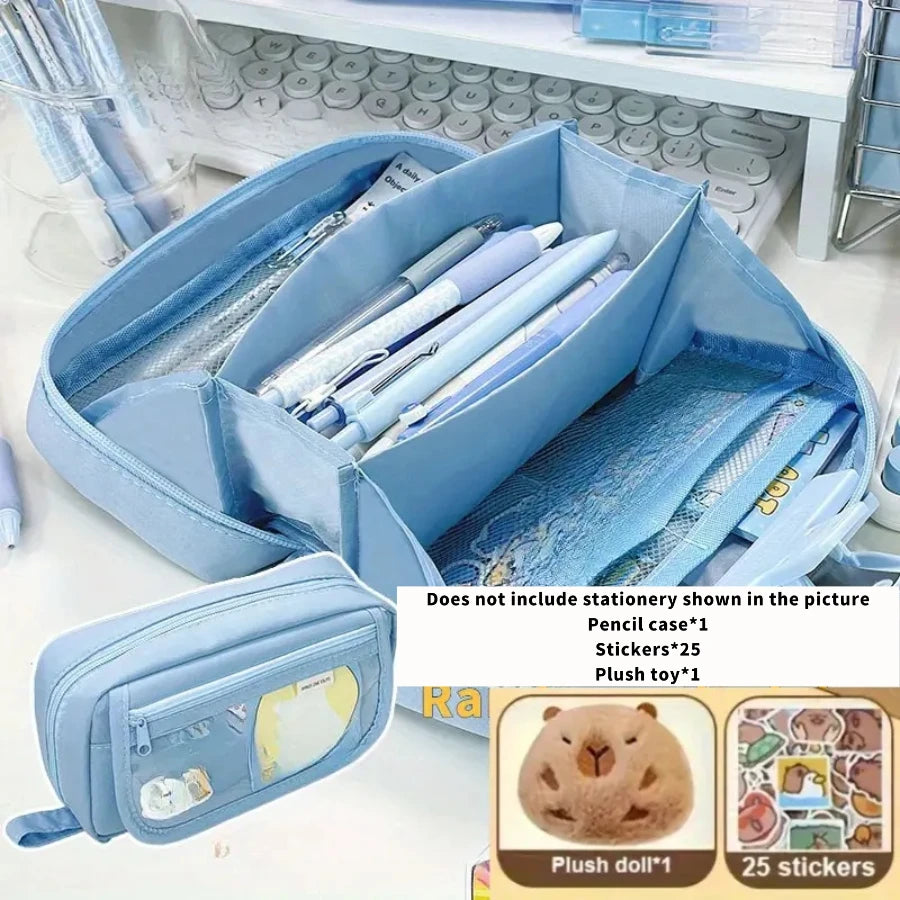27pcs Large Capacity Volcano Flip Pencil Case Set - Includes Adorable Notepad and Stickers, Multi-Compartment Student Pouch