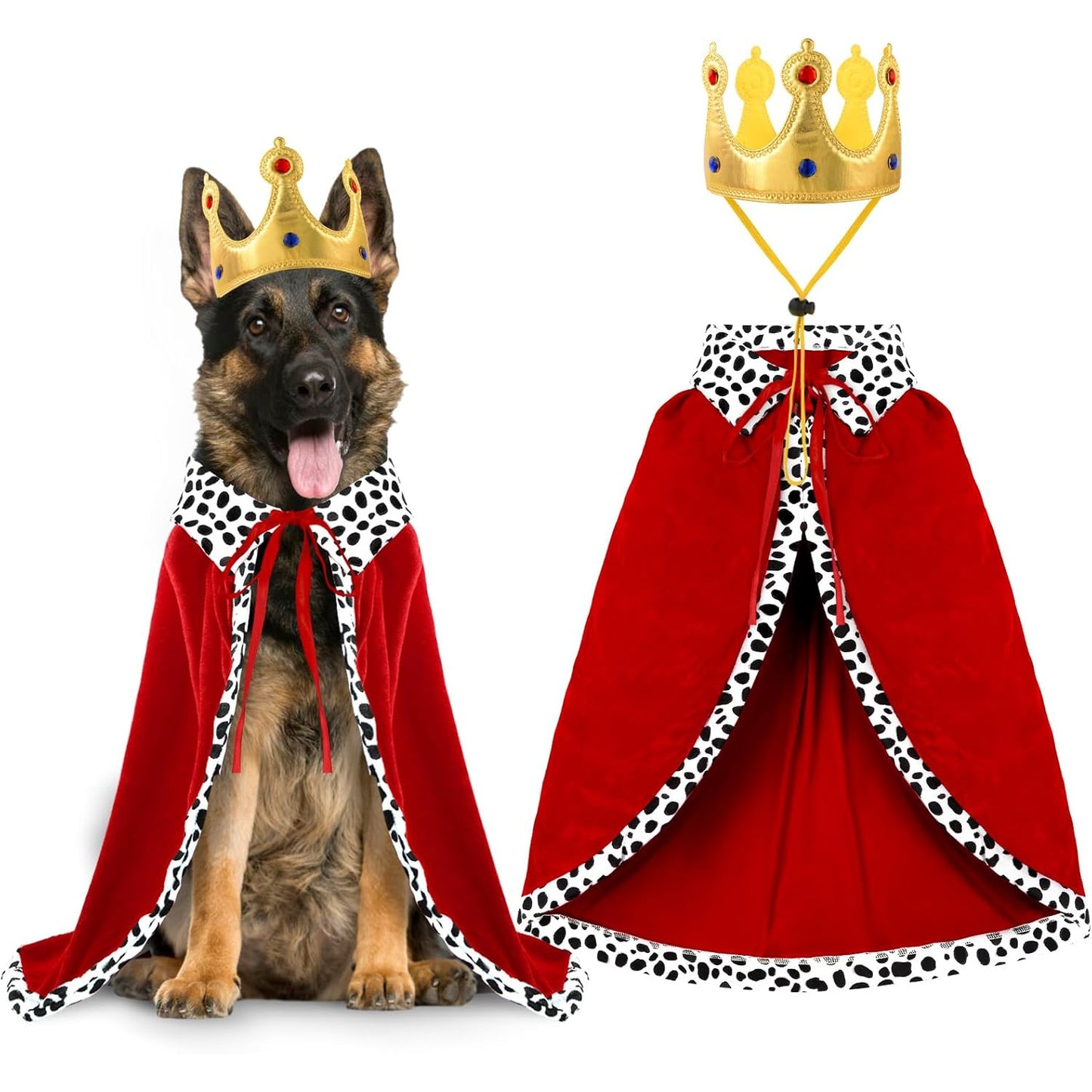 Costume Roi Halloween Chien Chat - Cape et Couronne à Pois Rouge et Noir