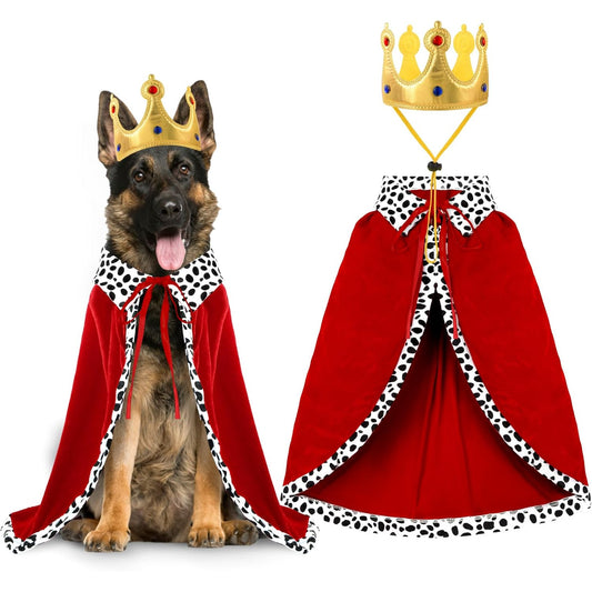 Costume Roi Halloween Chien Chat - Cape et Couronne à Pois Rouge et Noir
