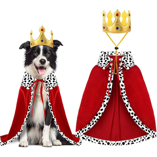 Costume Roi Halloween Chien Chat - Cape et Couronne à Pois Rouge et Noir